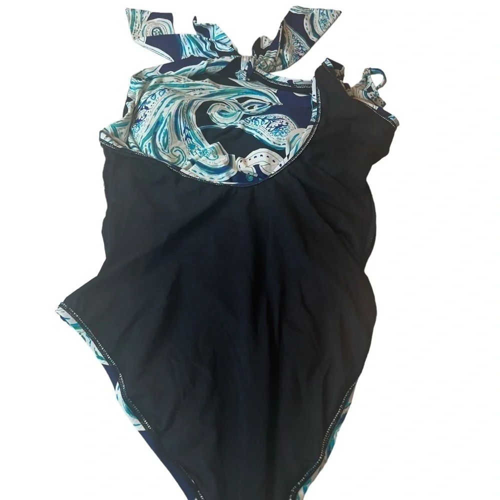 Swim Solution One Shoulder Navy Paisley One Piece Swimsuit Tummy Enhancer - Picture 10 of 15
